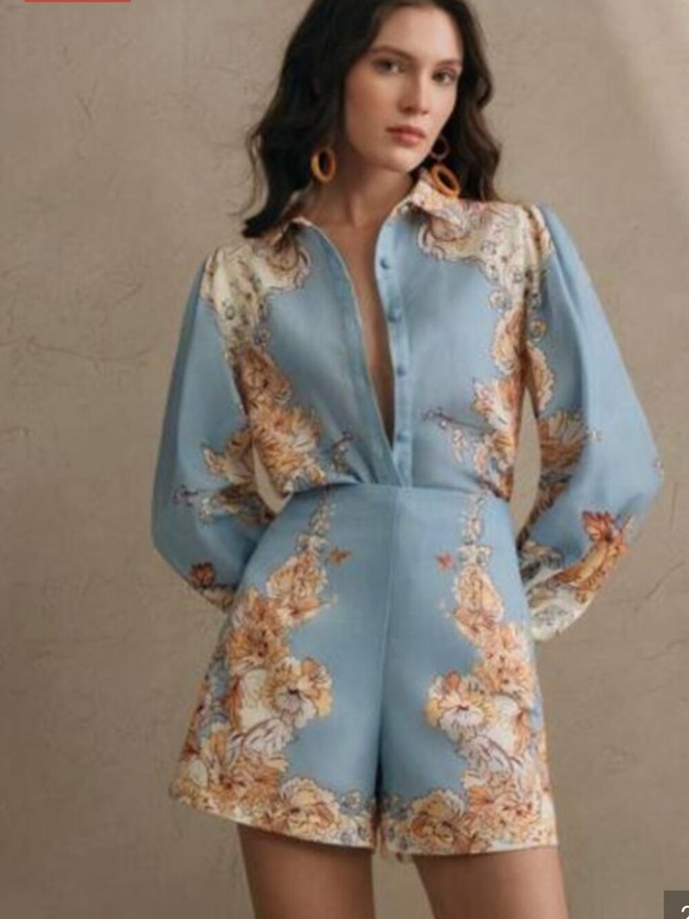 Light Blue Floral Button-Front Short Set with Long Sleeves